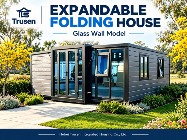 20FT Expandable Container House with Floor-to-Ceiling Glass & Metal Carved Siding
