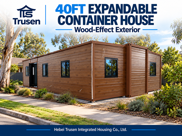 40ft Expandable Container House with Wood-Effect Metal Cladding