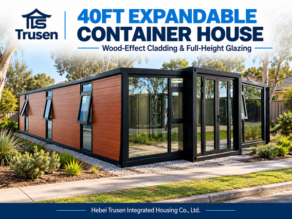 40FT Expandable Container House with Metal Carved Siding & Floor-to-Ceiling Glass Wall